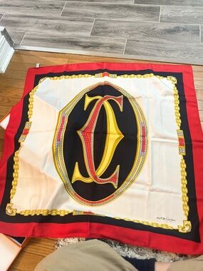 Authentic Cartier Silk Scarf in Red, Black, White & Gold C Jewel